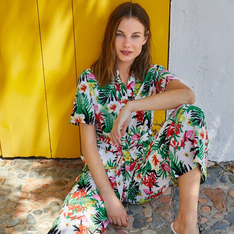 

Tropical Print Belted Shirt Jumpsuit, Multicolor