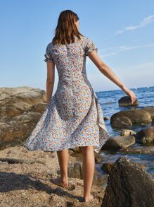 SHEIN VCAY Ditsy Floral Flounce Sleeve High-low Hem Ruched Dress - Multicolor - View 2