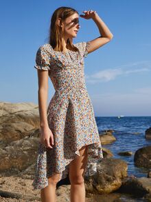 SHEIN VCAY Ditsy Floral Flounce Sleeve High-low Hem Ruched Dress - Multicolor - View 4