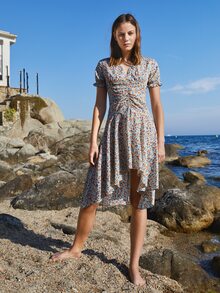 SHEIN VCAY Ditsy Floral Flounce Sleeve High-low Hem Ruched Dress - Multicolor - View 5