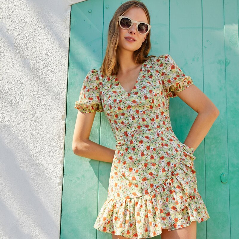 

Ditsy Floral Puff Sleeve Ruffle Hem Dress, Multicolor
