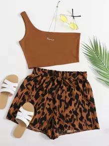 SHEIN VCAY Plus One Shoulder Crop Top With Tie Front Shorts - Coffee Brown - View 1