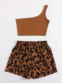 SHEIN VCAY Plus One Shoulder Crop Top With Tie Front Shorts - Coffee Brown - View 2