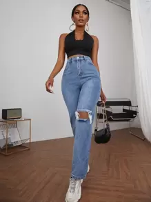 SHEIN SXY Zipper Fly Ripped Detail Jeans - Medium Wash - View 1