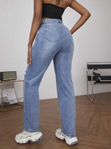 SHEIN SXY Zipper Fly Ripped Detail Jeans - Medium Wash - View 2