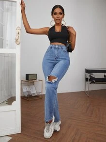 SHEIN SXY Zipper Fly Ripped Detail Jeans - Medium Wash - View 3