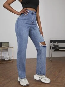 SHEIN SXY Zipper Fly Ripped Detail Jeans - Medium Wash - View 4