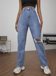 SHEIN SXY Zipper Fly Ripped Detail Jeans - Medium Wash - View 5