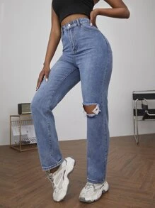 SHEIN SXY Zipper Fly Ripped Detail Jeans - Medium Wash - View 6
