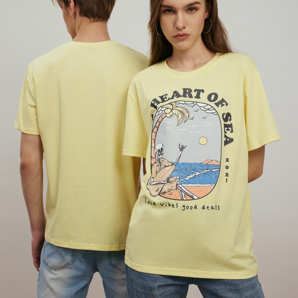 

Unisex 1pc Letter Skull Graphic Tee, Yellow