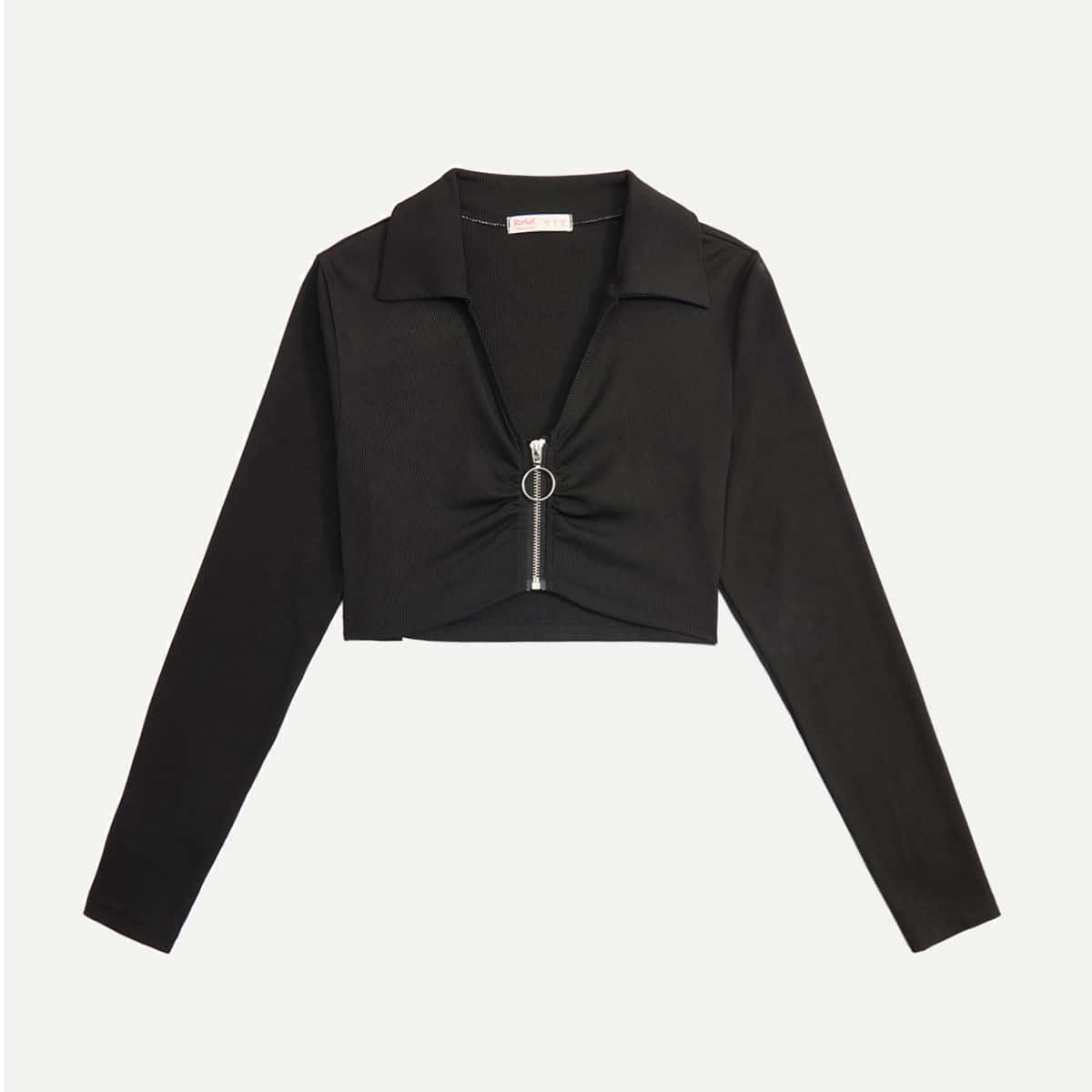 

Solid Zip Up Crop Tee, Black