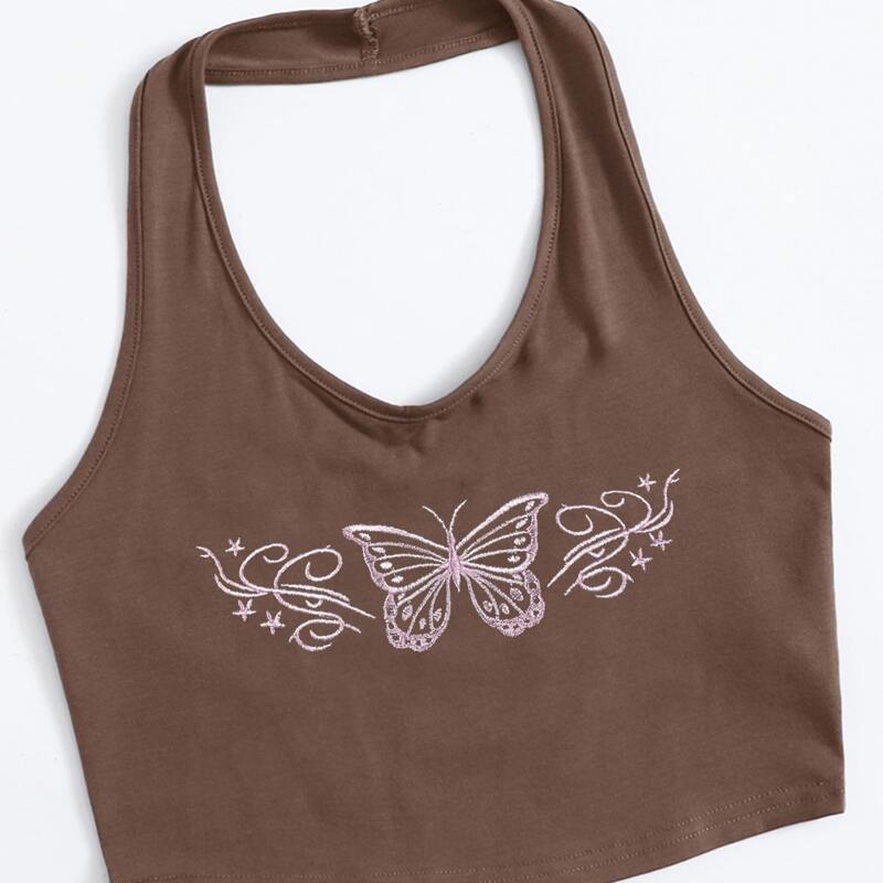 

Butterfly Embroidery Crop Halter Top, Coffee brown