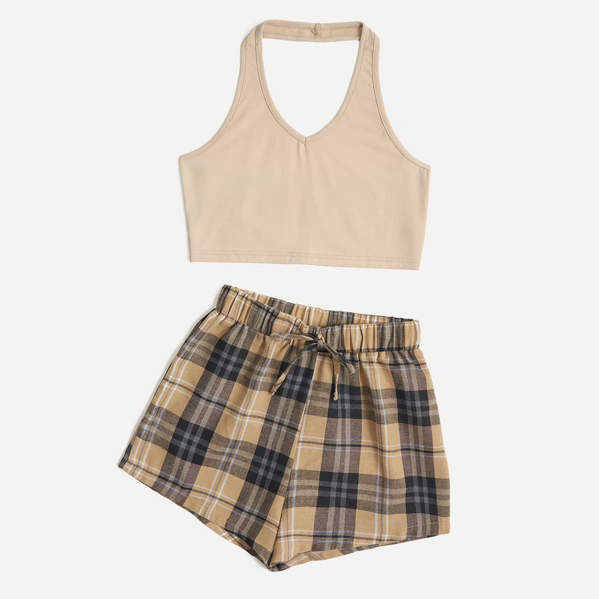 

Solid Halter Top & Plaid Knot Shorts, Multicolor