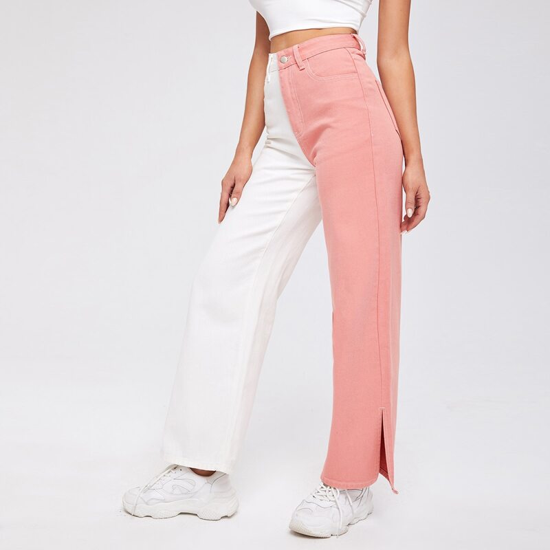

High Waist Colorblock Split Jeans, Multicolor