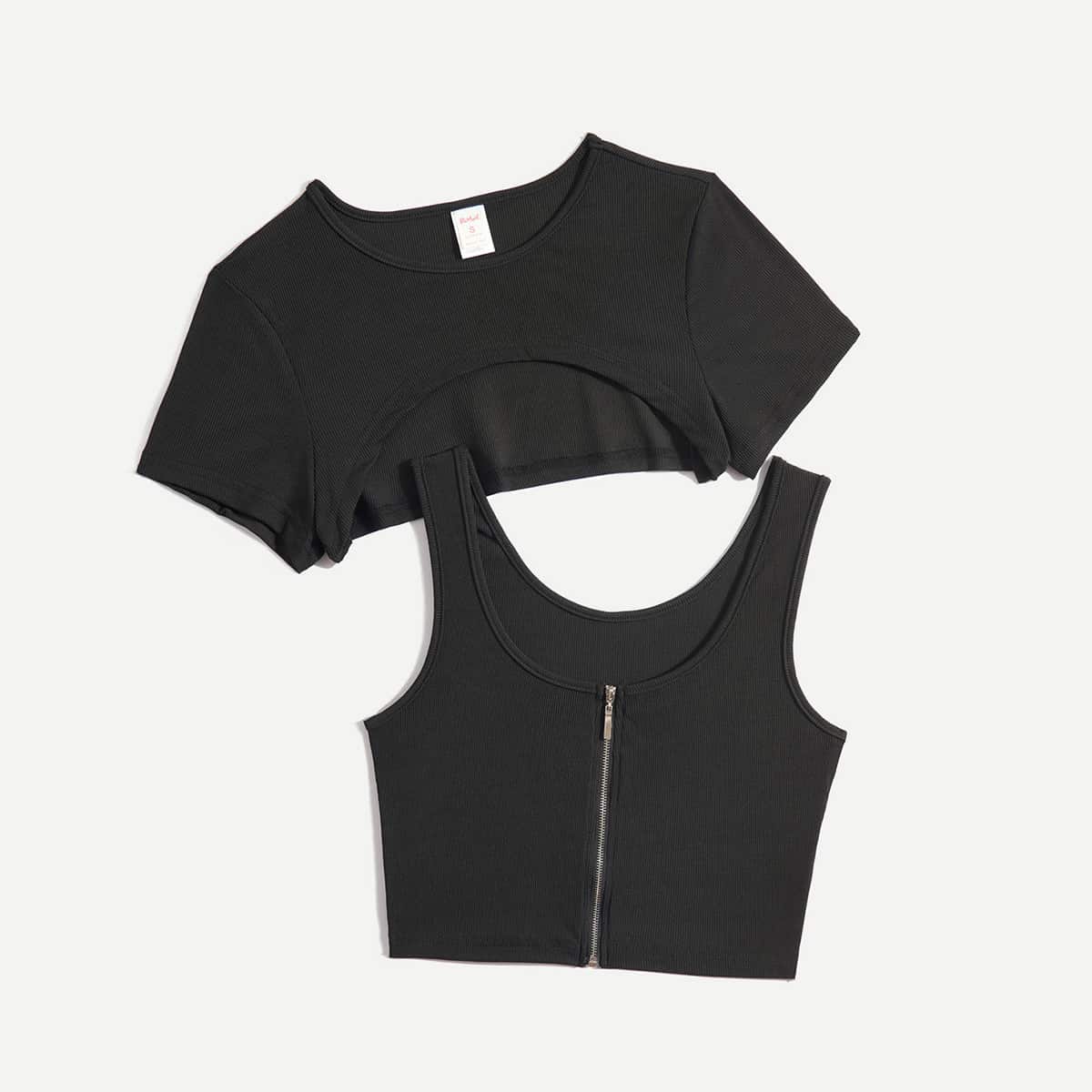 

Solid Super Crop Tee & Zip Up Tank Top, Black