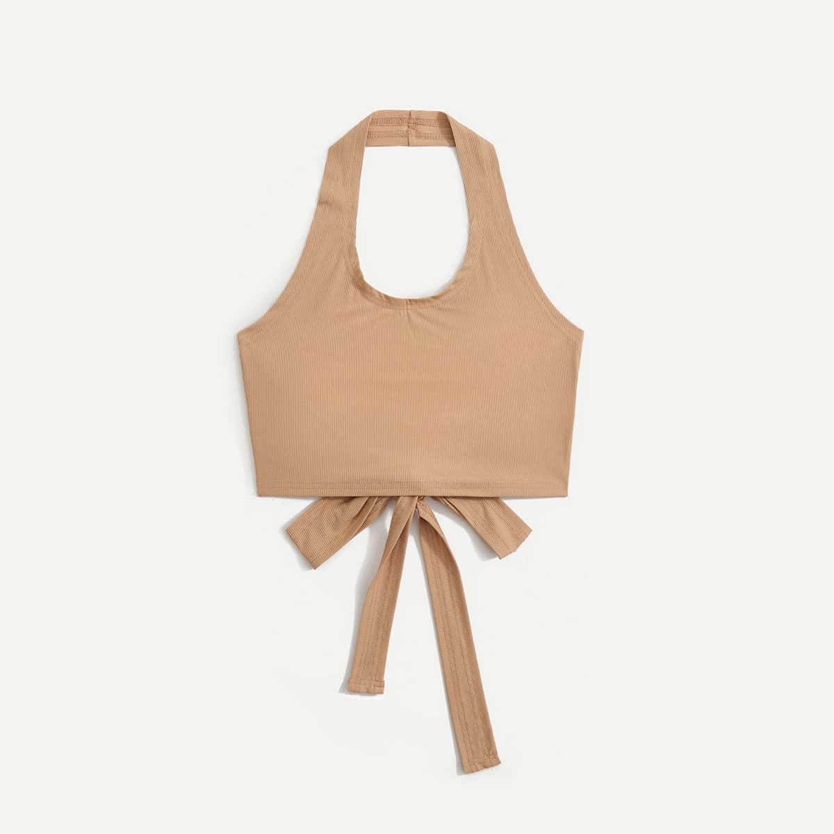 

Tie Back Ribbed Crop Halter Top, Khaki