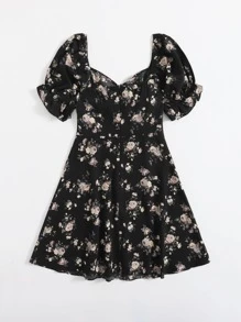 SHEIN 大碼甜心領泡泡袖碎花連衣裙 - 黑色 - 查看 2