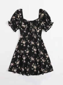 SHEIN 大碼甜心領泡泡袖碎花連衣裙 - 黑色 - 查看 5