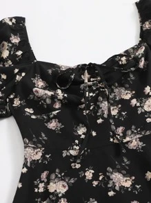 SHEIN 大碼甜心領泡泡袖碎花連衣裙 - 黑色 - 查看 6