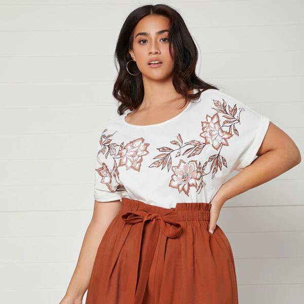

Plus Cuffed Sleeve Floral Print Tee, White