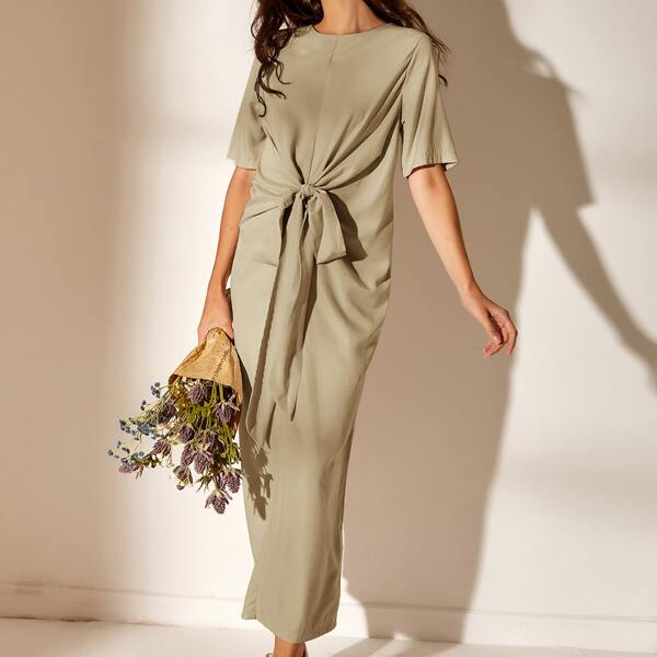 

Tie Front Split Hem Dress, Khaki