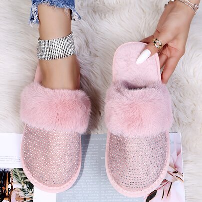 Rhinestone Decor Fluffy Bedroom Slippers