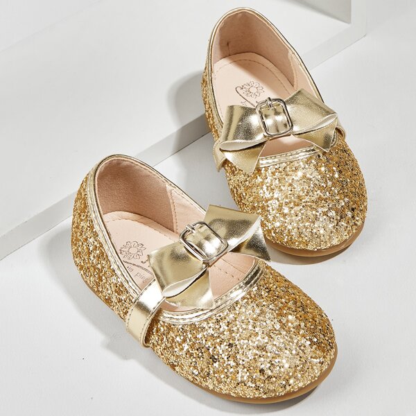 

Toddler Girls Bow Decor Glitter Flats, Gold