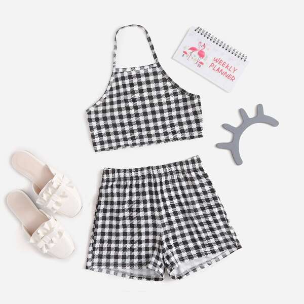 

Girls Buffalo Plaid Halter Top and Shorts Set, Black and white