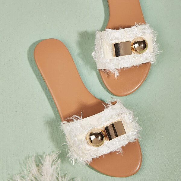 

Metal Decor Fluffy Slide Sandals, White
