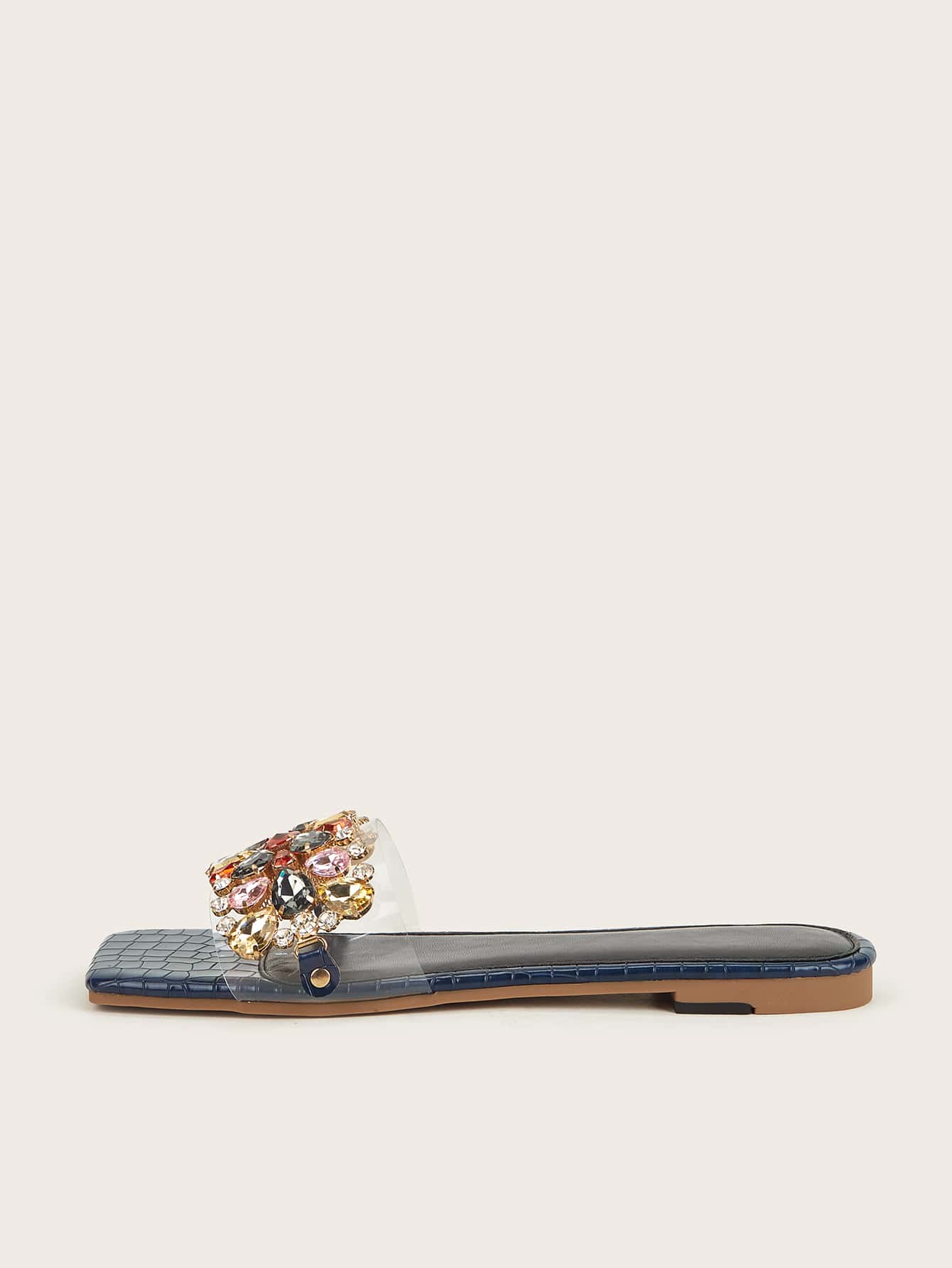 Sandalias De Diapositivas Con Adornos De Diamantes De Imitación Y Estampado De Cocodrilo - transparente - Añade 3