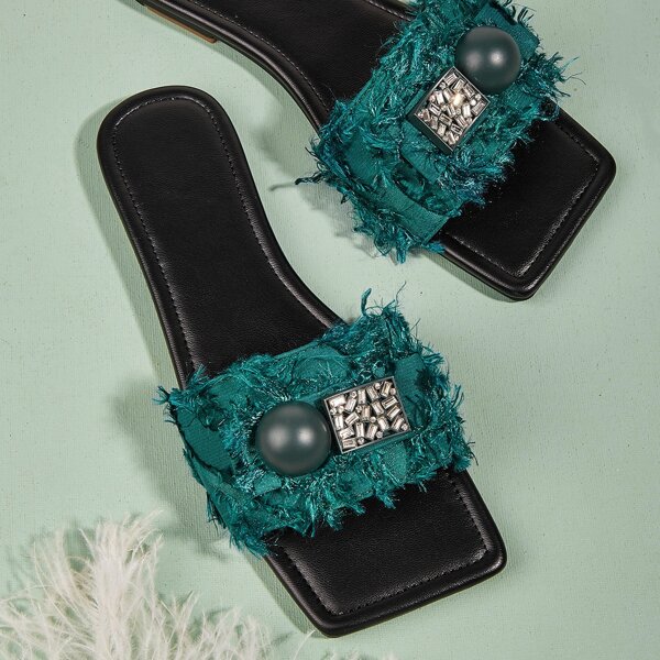 

Metal Decor Fluffy Slide Sandals, Dark green