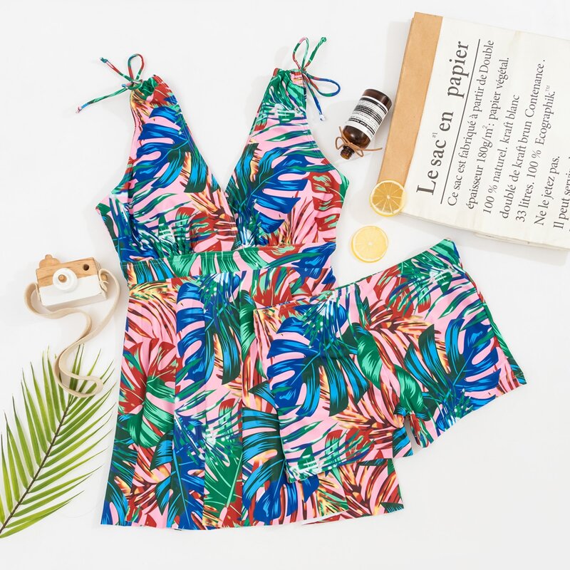 

Tropical Print Swim Dress With Beach Shorts, Multicolor