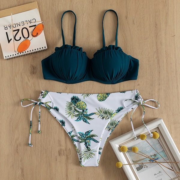 

Pineapple Print Frill Push Up Bikini Swimsuit, Multicolor