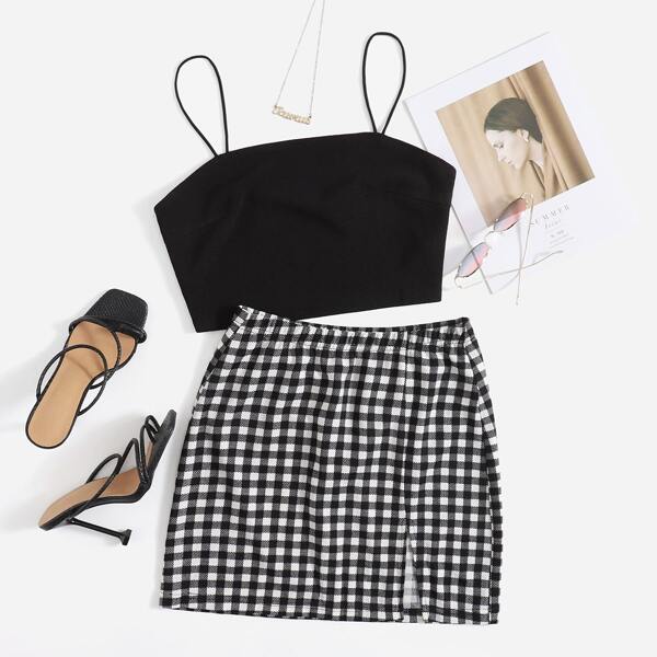 

Cami Top & Split Hem Gingham Skirt Set, Multicolor
