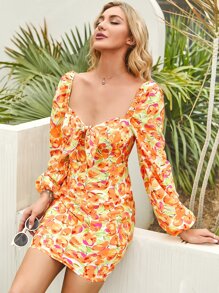 Double Crazy Lantern Sleeve Knot Front Floral Print Peekaboo Dress - Multicolor - View 4