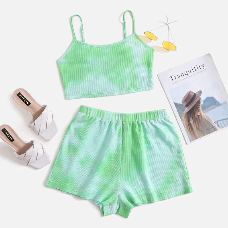 

Waffle Knit Tie Dye Crop Cami Top & Shorts Set, Green