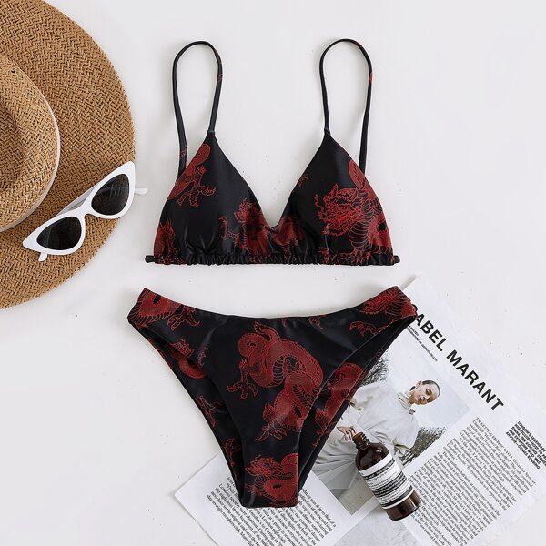 

Chinese Dragon Print Bikini Swimsuit, Multicolor