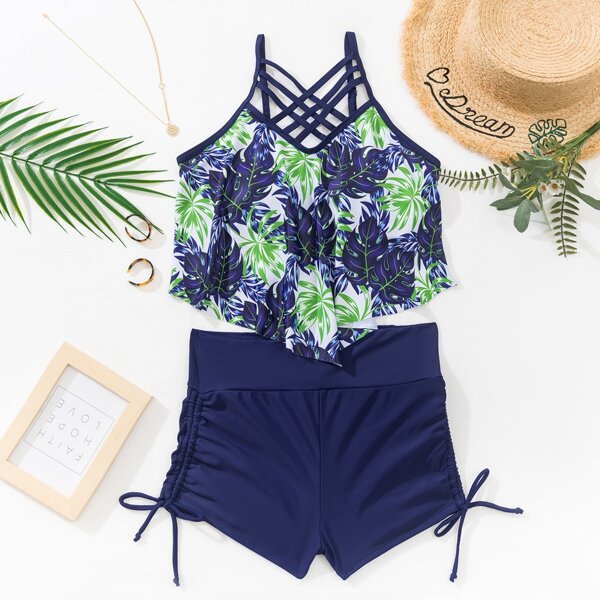 

Tropical Lattice Front Shorts Bikini Swimsuit, Multicolor