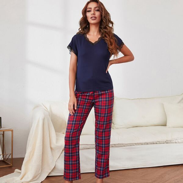 

Lace Trim Tee and Plaid Pants Set, Multicolor