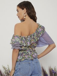SHEIN VCAY Asymmetrical Neck Floral Peplum Top - Multicolor - View 2