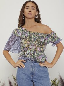 SHEIN VCAY Asymmetrical Neck Floral Peplum Top - Multicolor - View 4