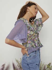 SHEIN VCAY Asymmetrical Neck Floral Peplum Top - Multicolor - View 5