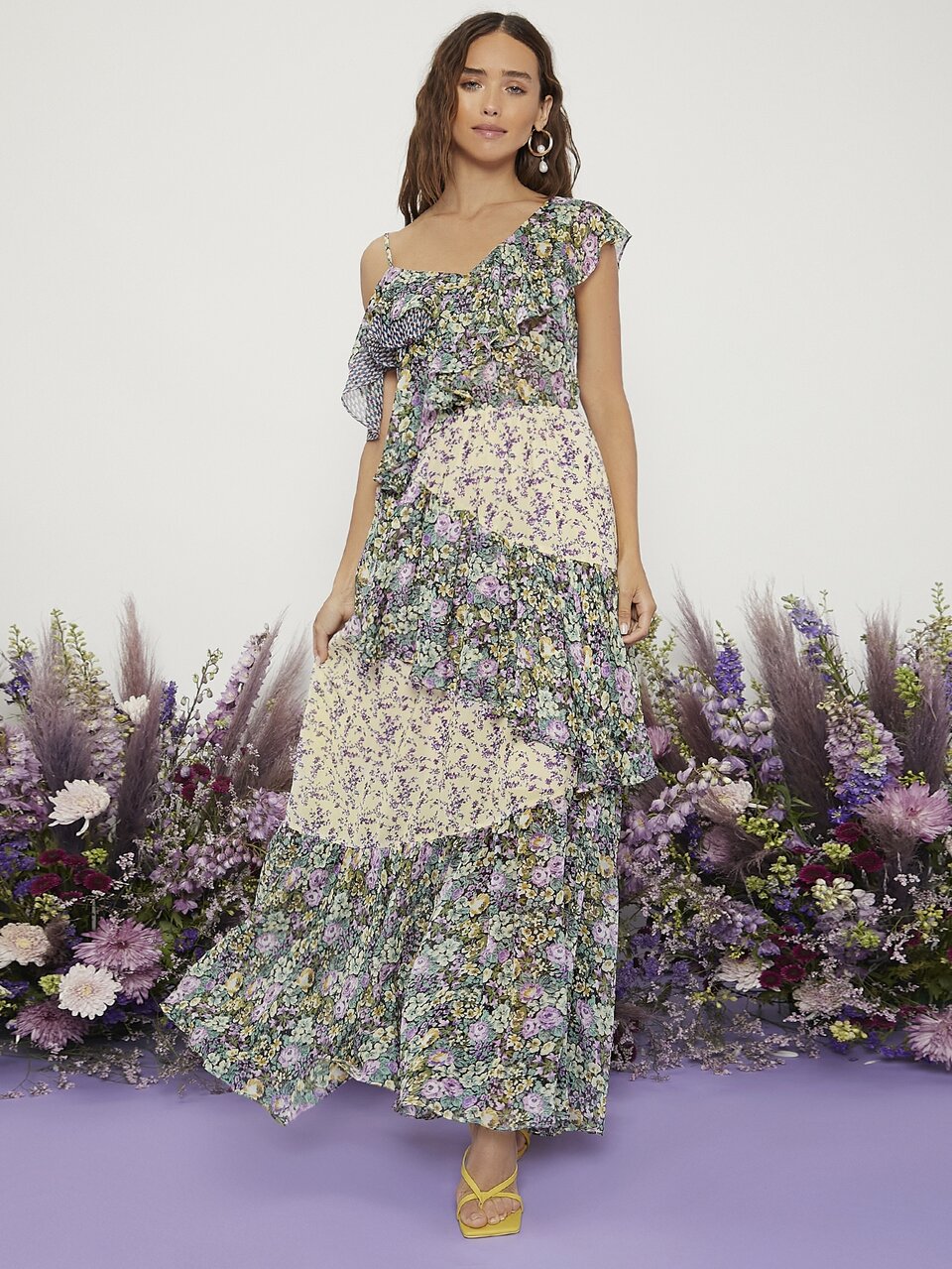 Asymmetric Neck Layered Floral Dress