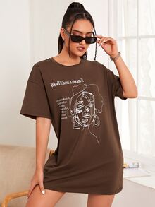 SHEIN 字母任務圖案T恤連衣裙 - 咖啡棕 - 查看 5