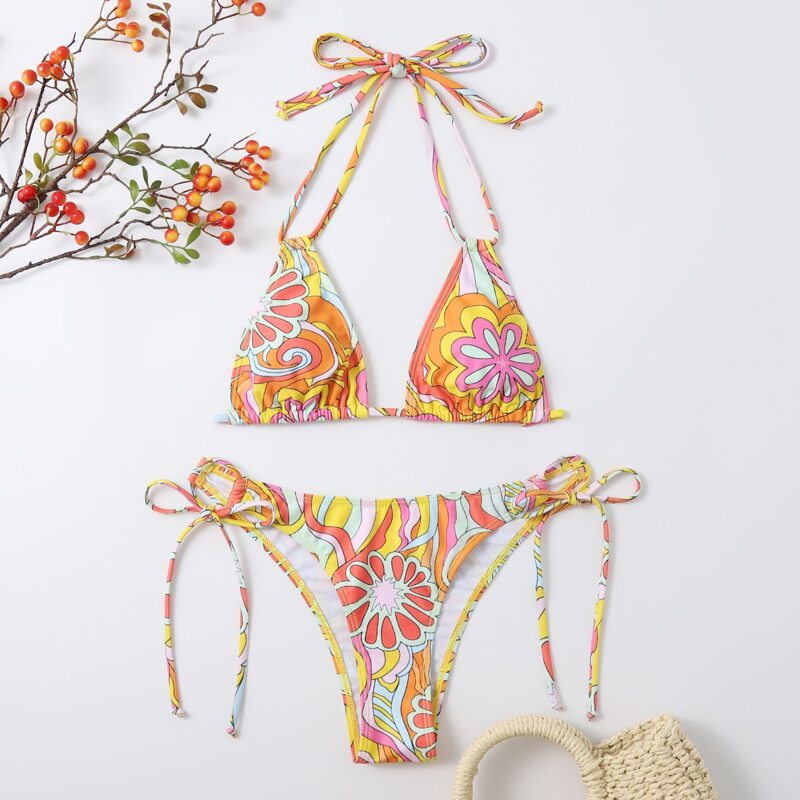 

Floral Triangle Tie Side Bikini Swimsuit, Multicolor