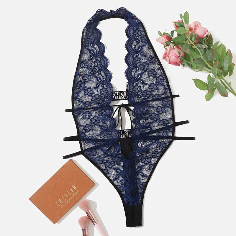 

Plus Floral Lace Scallop Trim Teddy Bodysuit, Royal blue