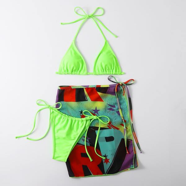 

3pack Triangle Thong Bikini Swimsuit & Beach Skirt, Multicolor