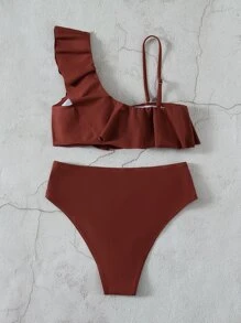 荷葉邊高腰比基尼 - 紅木色 - 查看 2