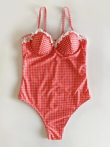 Gingham Lace Trim Push Up One Piece Swimsuit - Red and White - View 1