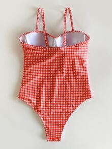 Gingham Lace Trim Push Up One Piece Swimsuit - Red and White - View 2